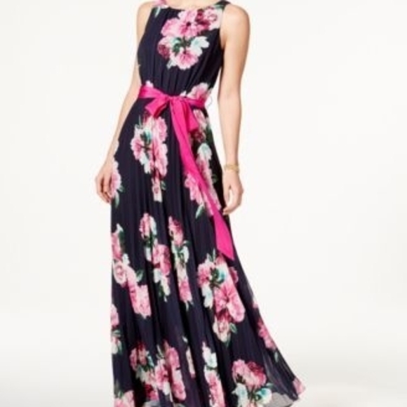 Jessica Howard Navy Floral Maxi Dress with Pink Belt - Picture 1 of 9